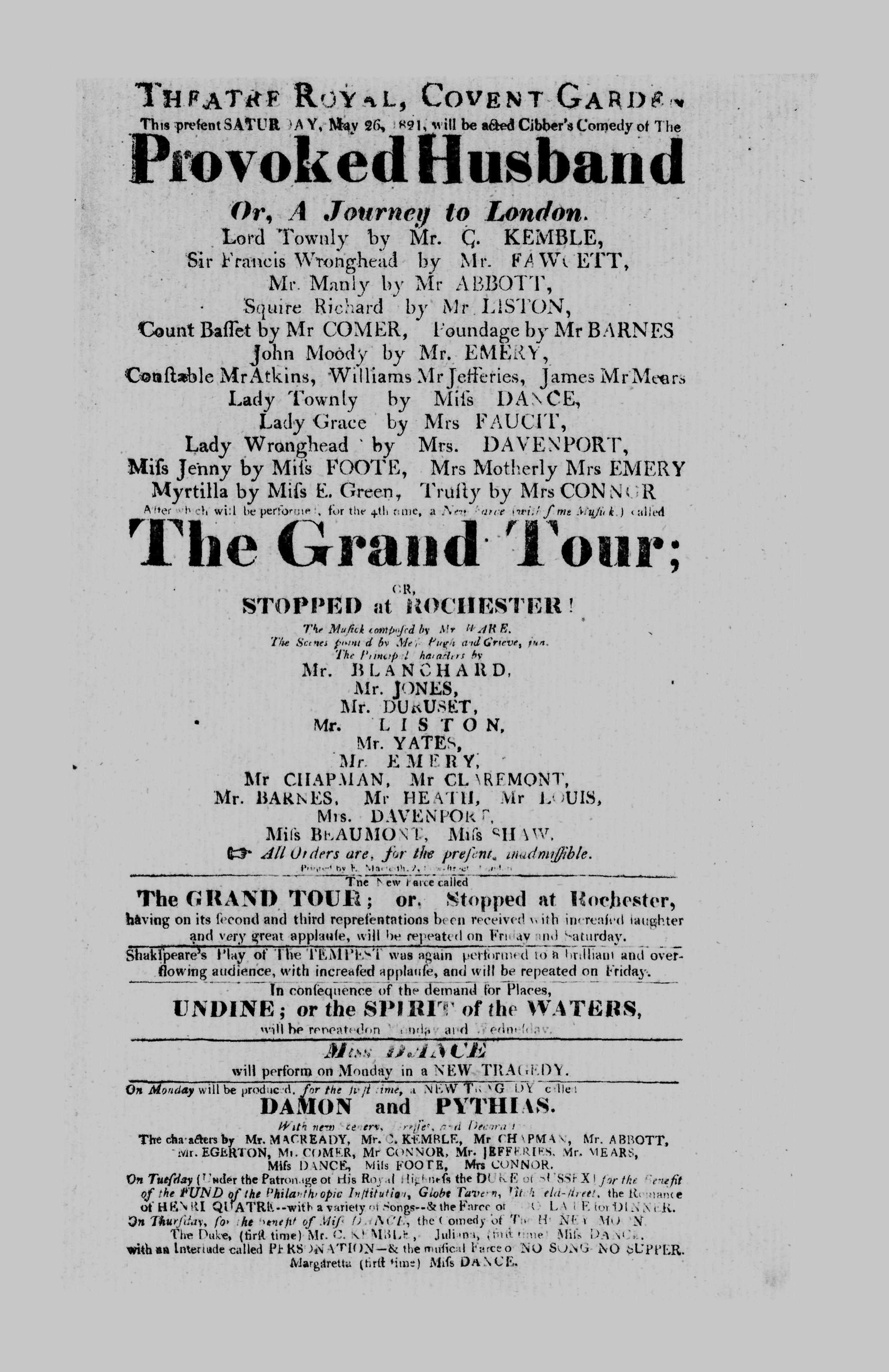 Covent Garden Theatre London Playbill: May 26, 1891 - Cibber’s Comedy of The Provoked Husband