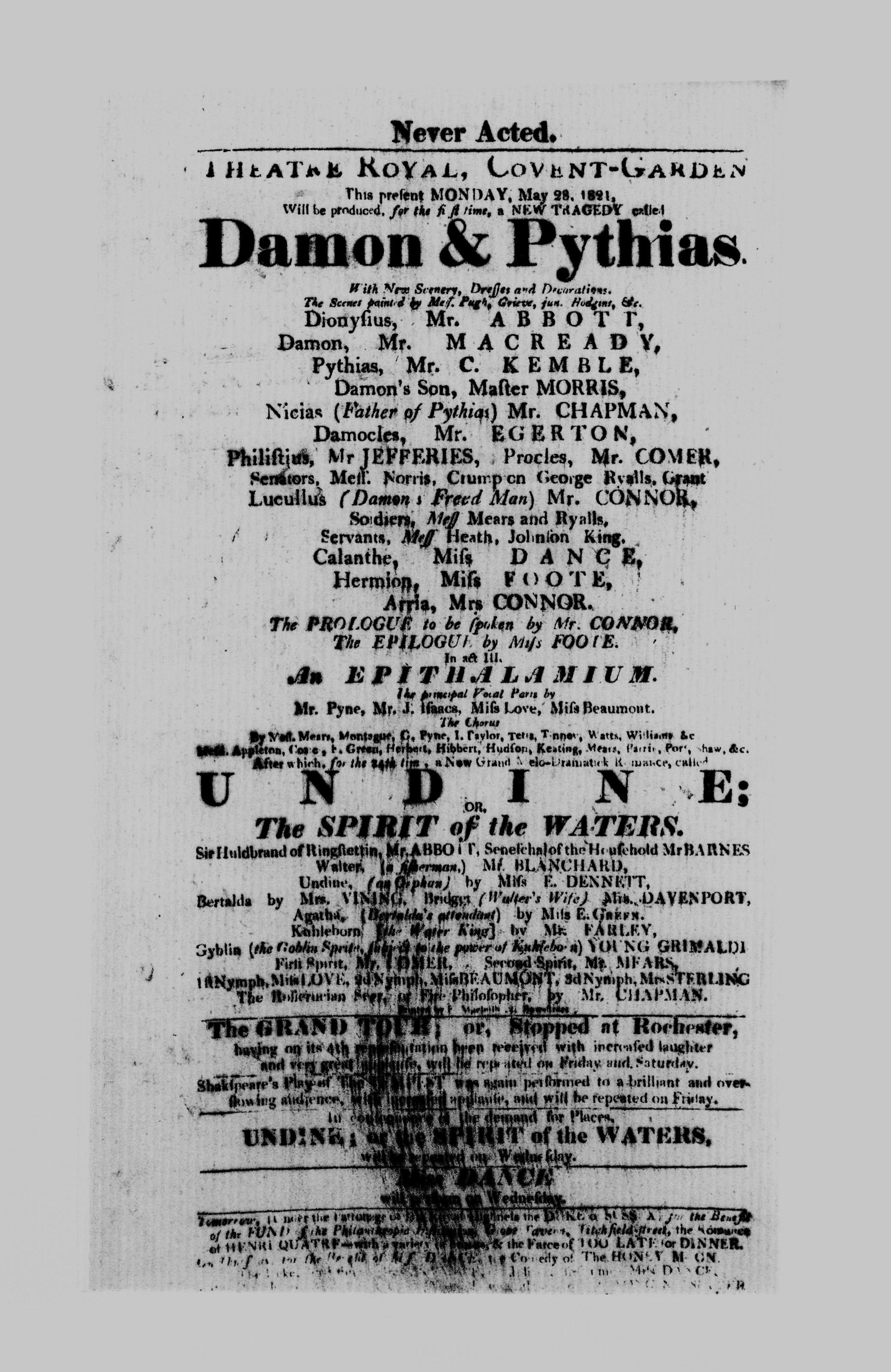 Covent Garden Theatre London Playbill: May 28, 1821 - Premiere of the new tragedy Damon & Pythias