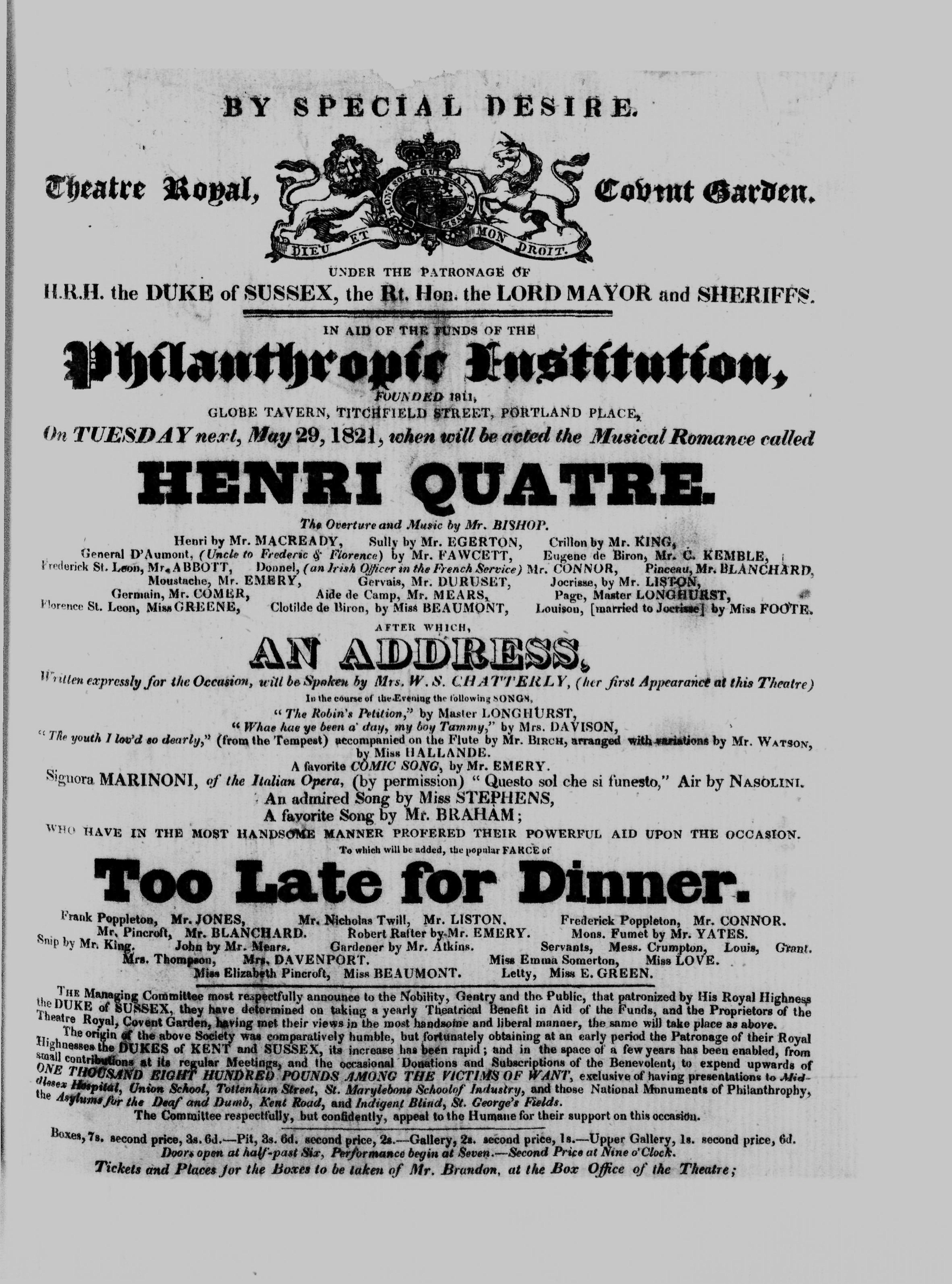 Covent Garden Theatre London Playbill: May 29, 1821 - Henri Quatre, An Address, various Songs & Too Late for Dinner