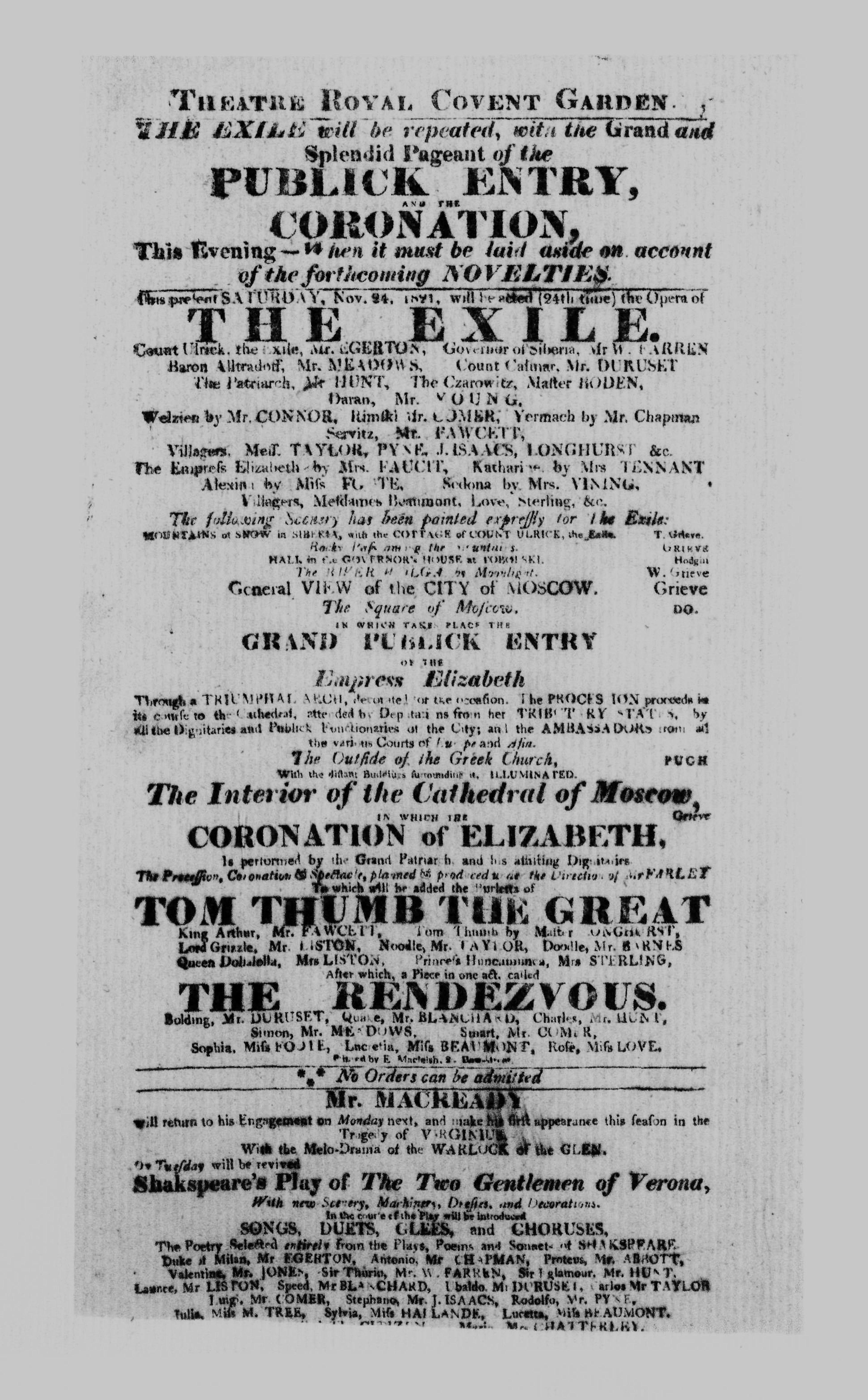 Covent Garden Theatre London Playbill: November 24, 1821 - The Exile, Tom Thumb the Great & The Rendezvous