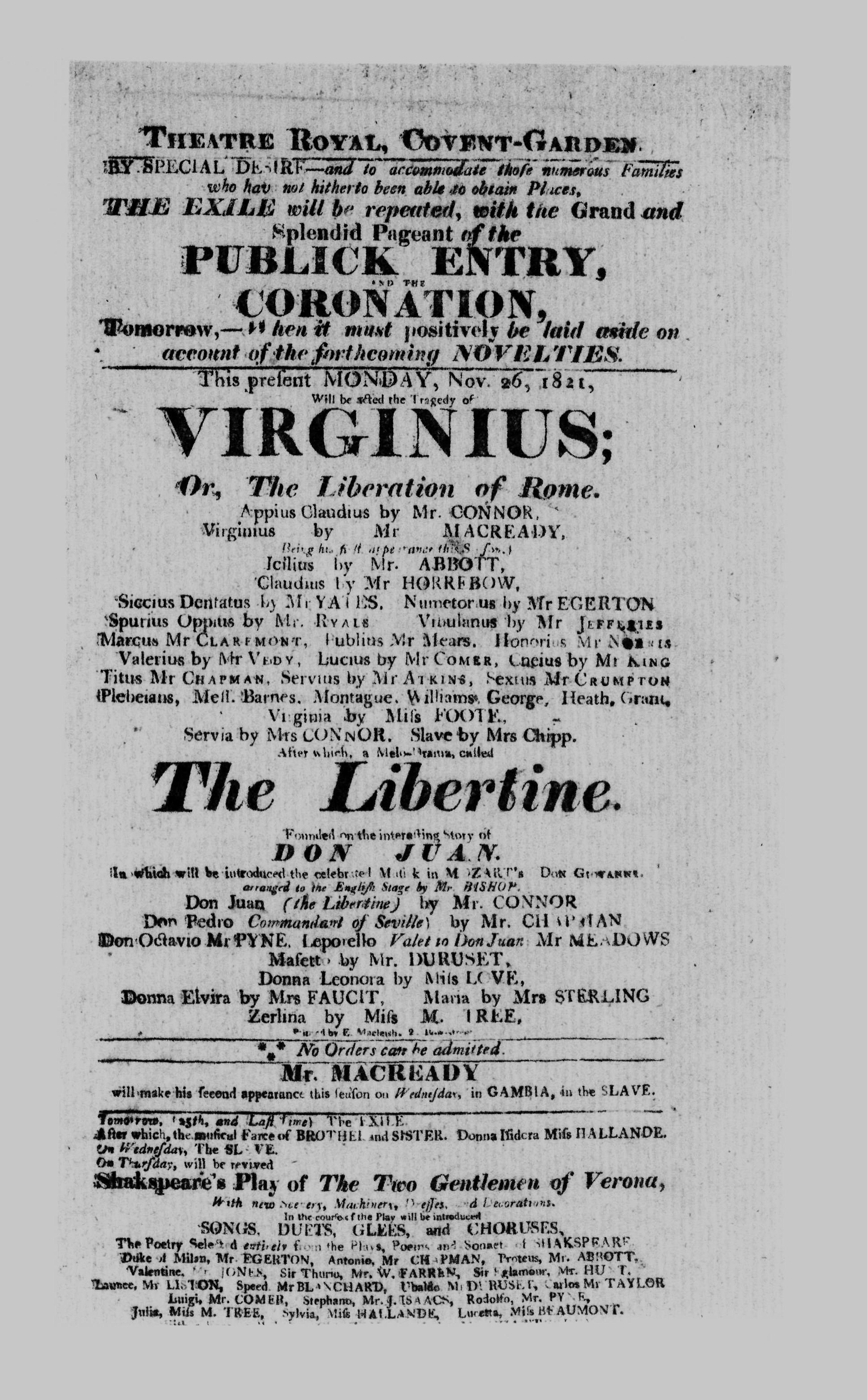 Covent Garden Theatre London Playbill: November 26, 1821 - Tragedy of Virginius