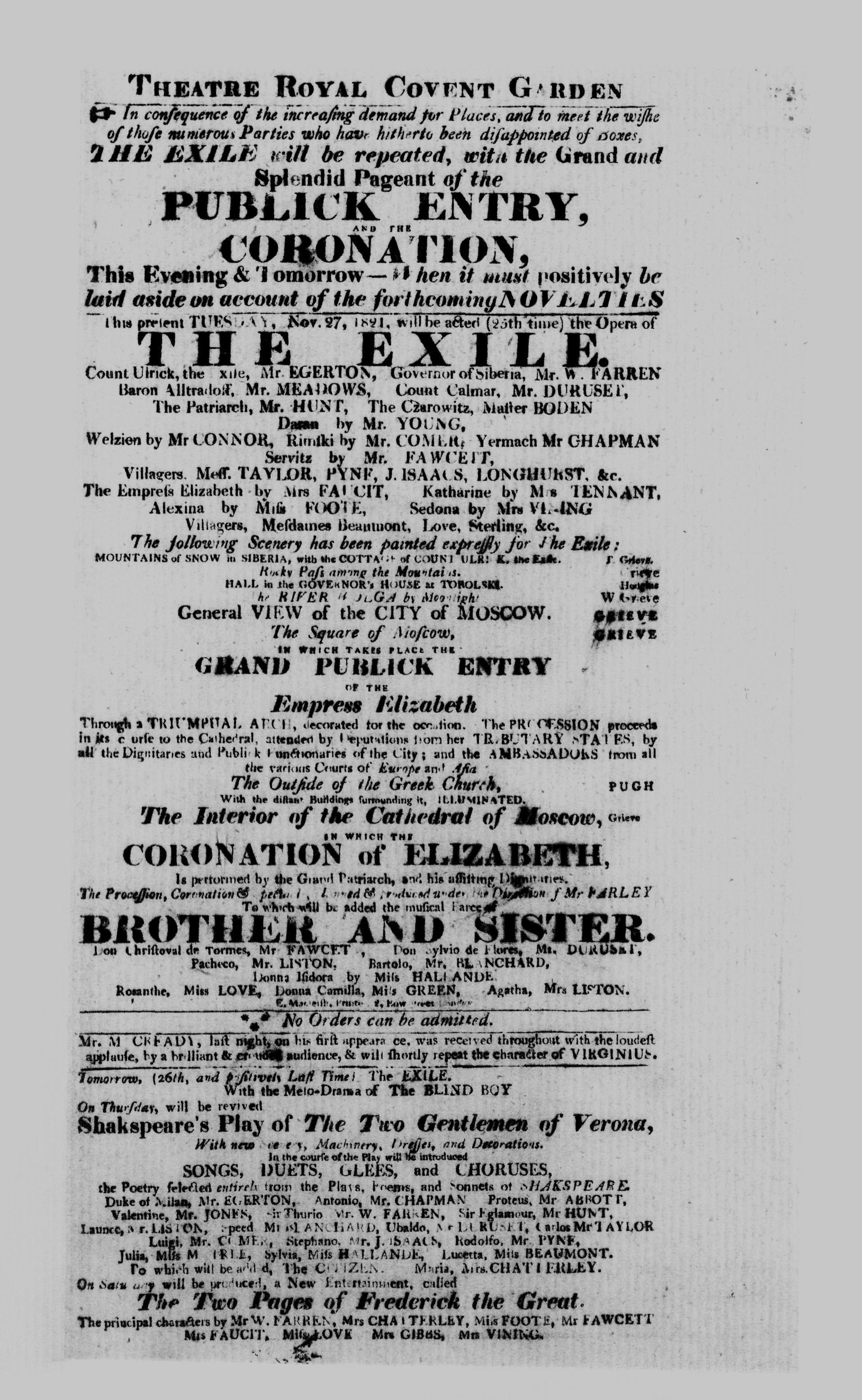 Covent Garden Theatre London Playbill: November 27, 1821 - The EXILE