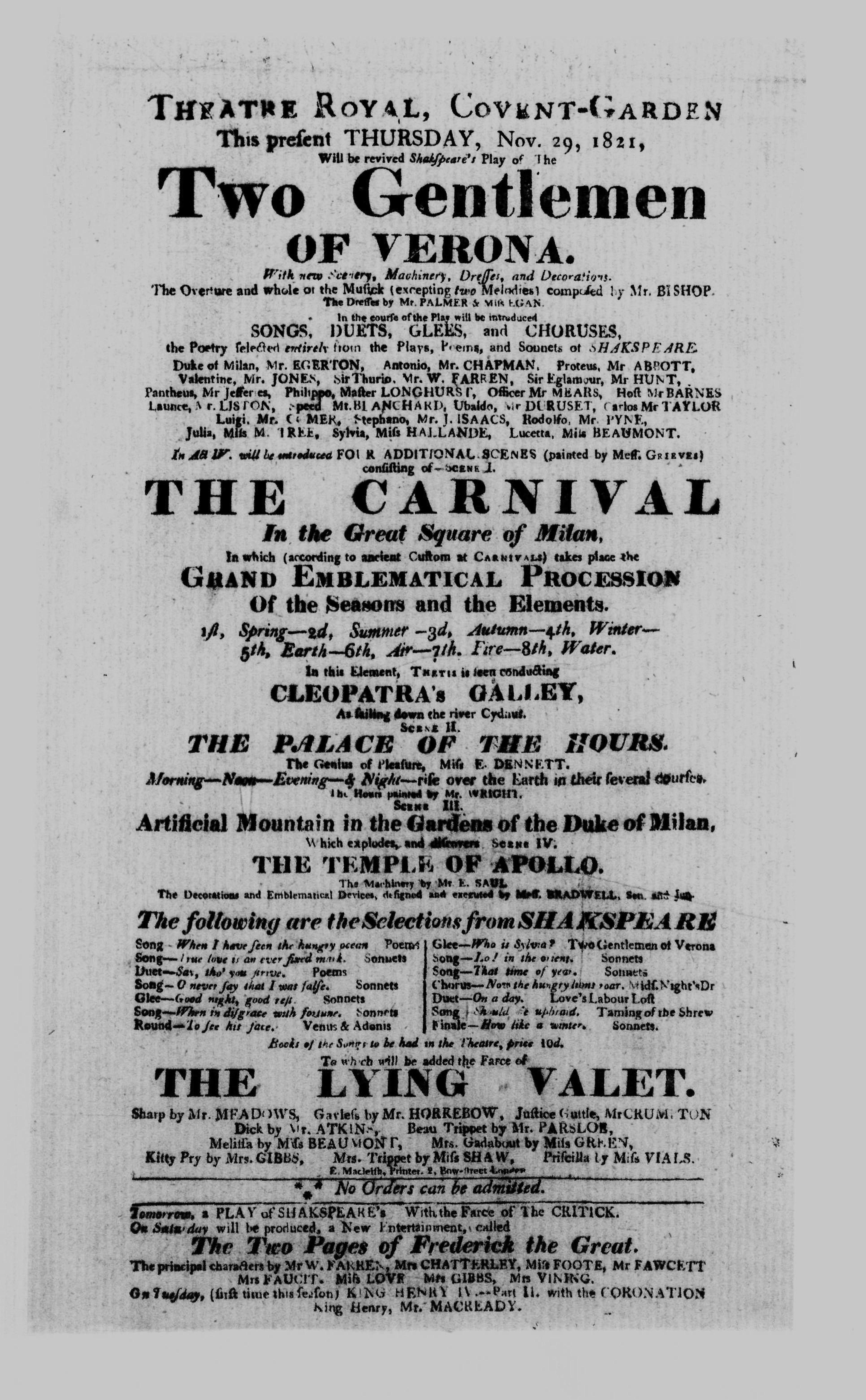 Covent Garden Theatre London Playbill: November 29, 1821 - Revival of Shakespeare's The Two Gentlemen of Verona and performance of The Lying Valet