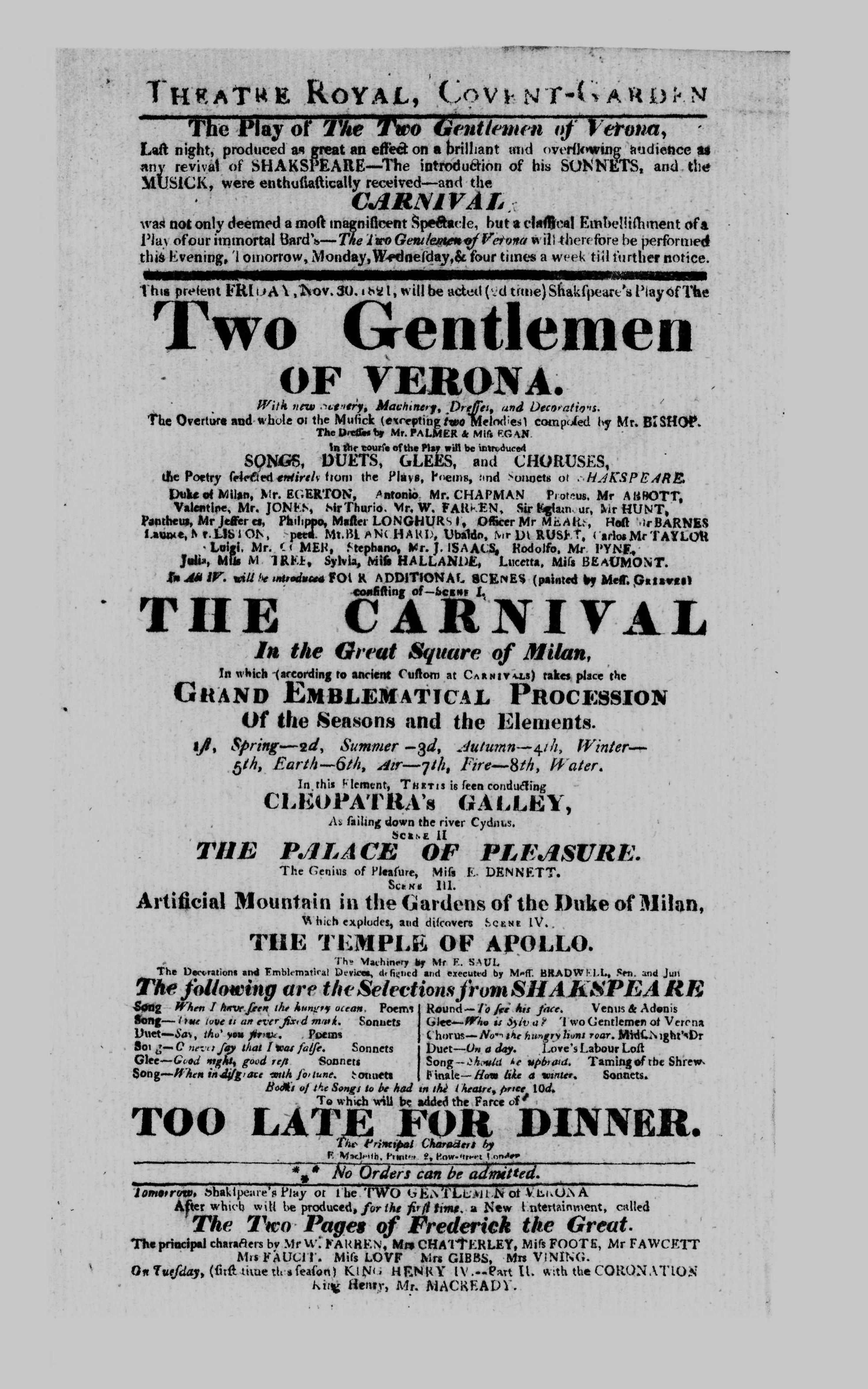 Covent Garden Theatre London Playbill: November 30, 1821 - Shakspeare’s Play of The Two Gentlemen of Verona