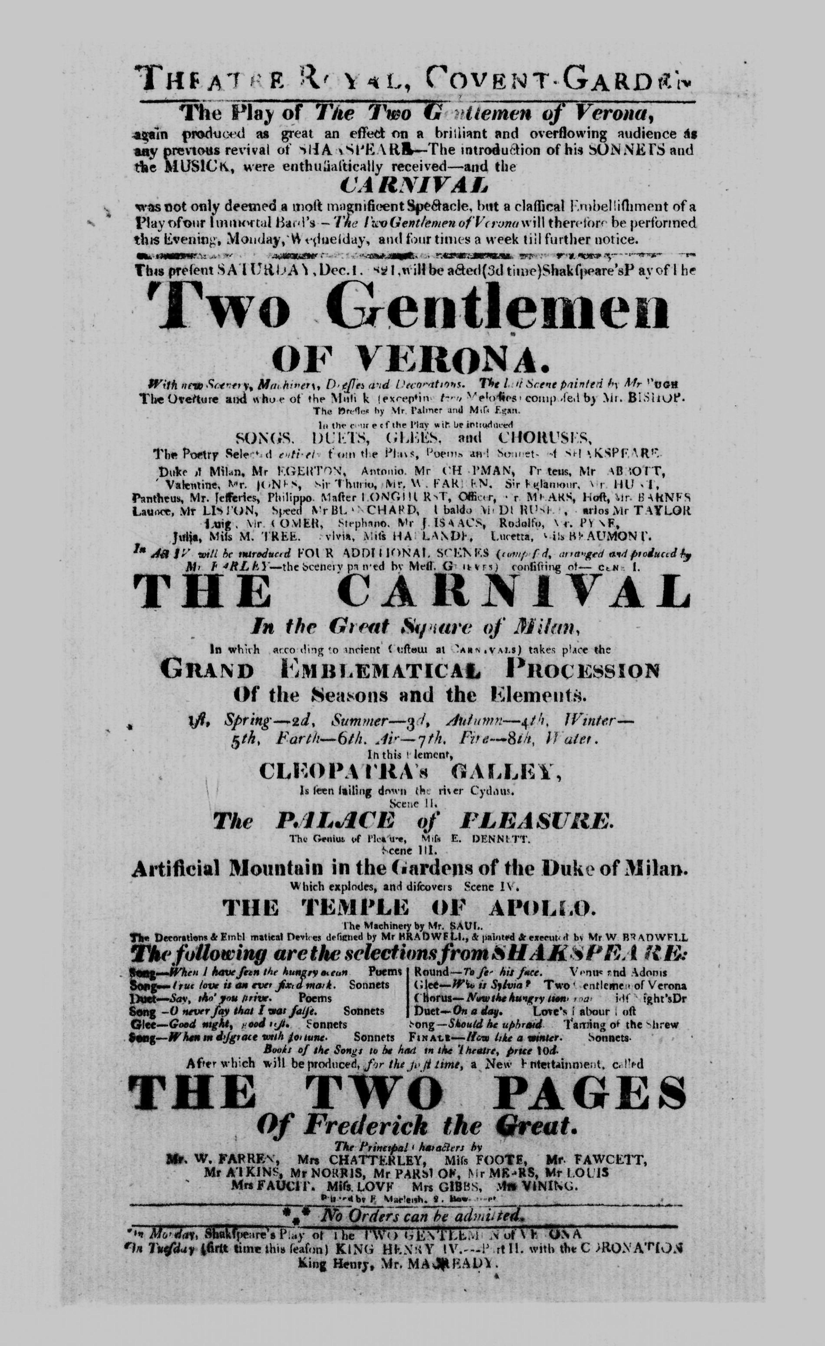 Covent Garden Theatre London Playbill: December 1, 1791 - Shakespeare's Play of The TWO GENTLEMEN OF VERONA
