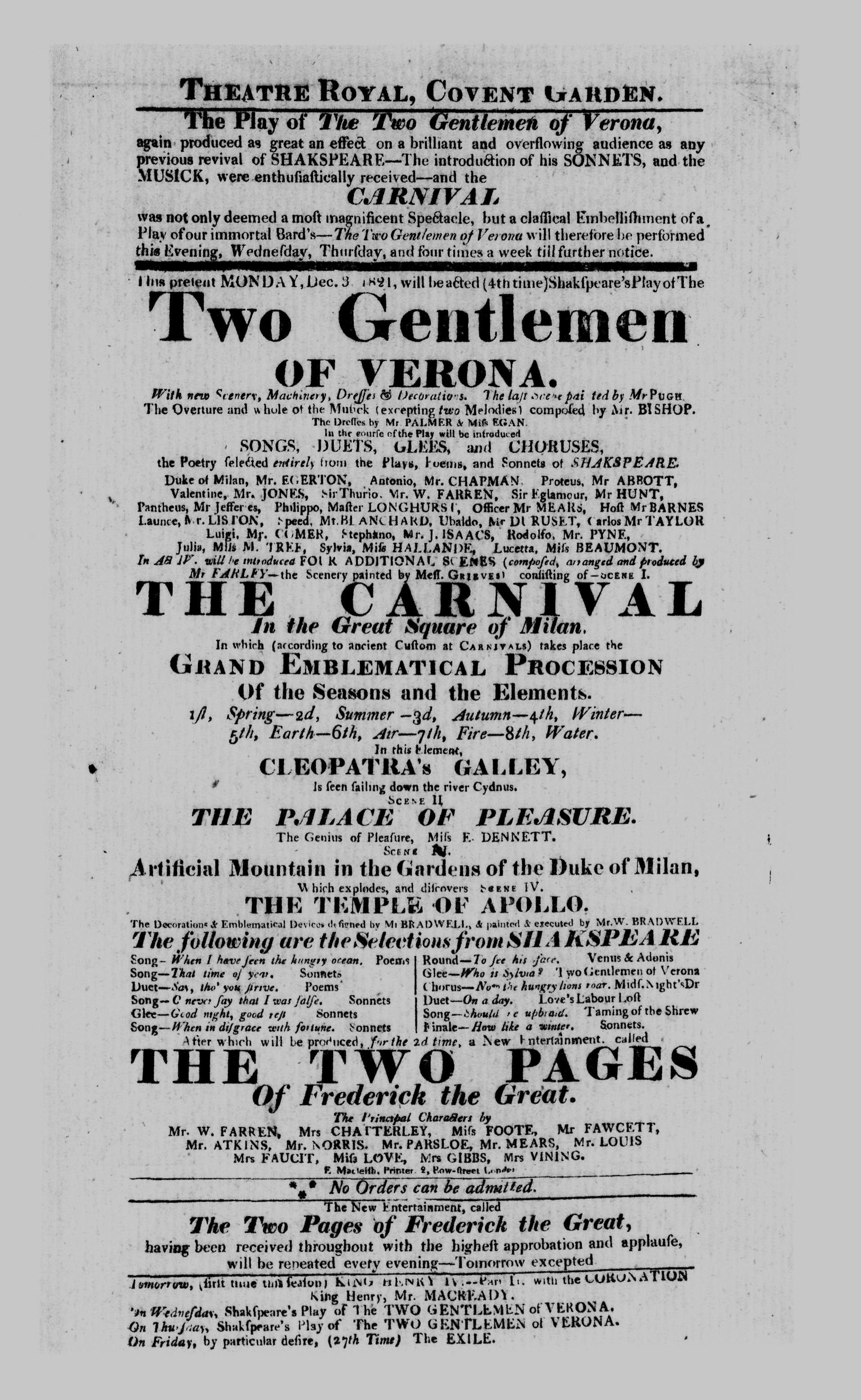 Covent Garden Theatre London Playbill: December 3, 1821 (Monday) - Shakspeare's Play of The TWO GENTLEMEN OF VERONA