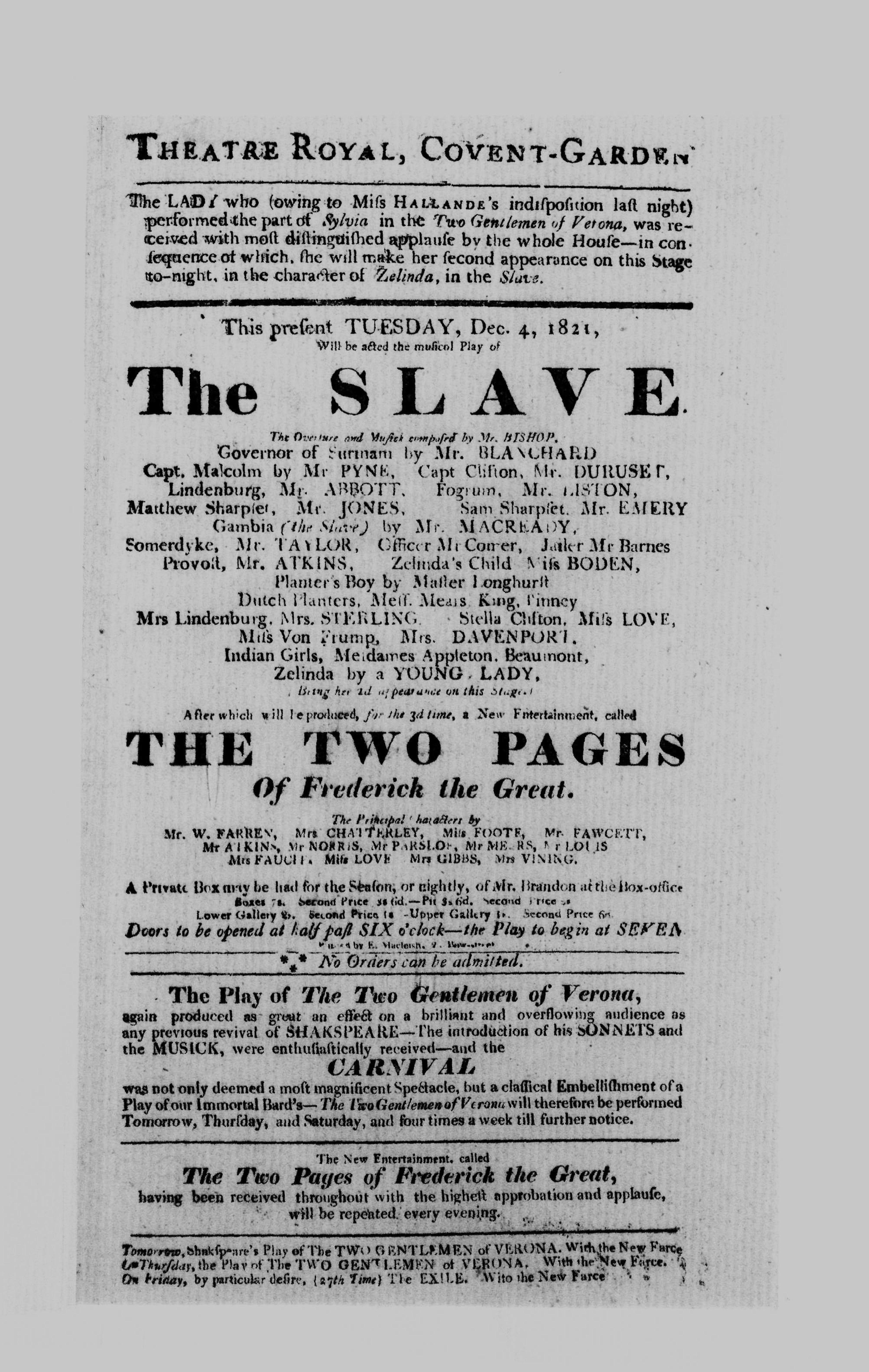 Covent Garden Theatre London Playbill: December 4, 1821 - The Slave & The Two Pages of Frederick the Great