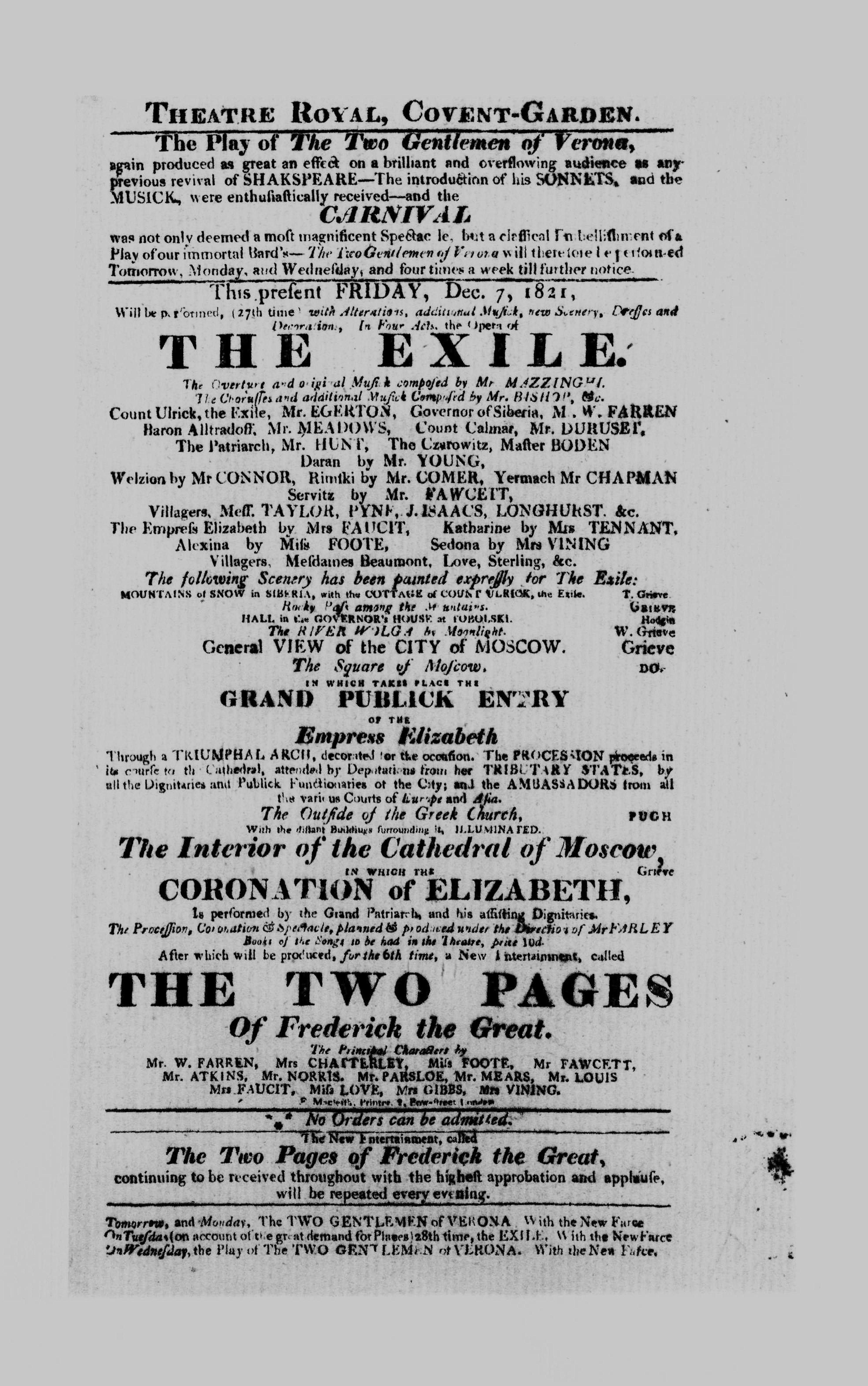 Covent Garden Theatre London Playbill: December 7, 1821 - The Exile with Alterations, additional Musick, new Scenes, Dresses & Decorations & The Two Pages of Frederick the Great