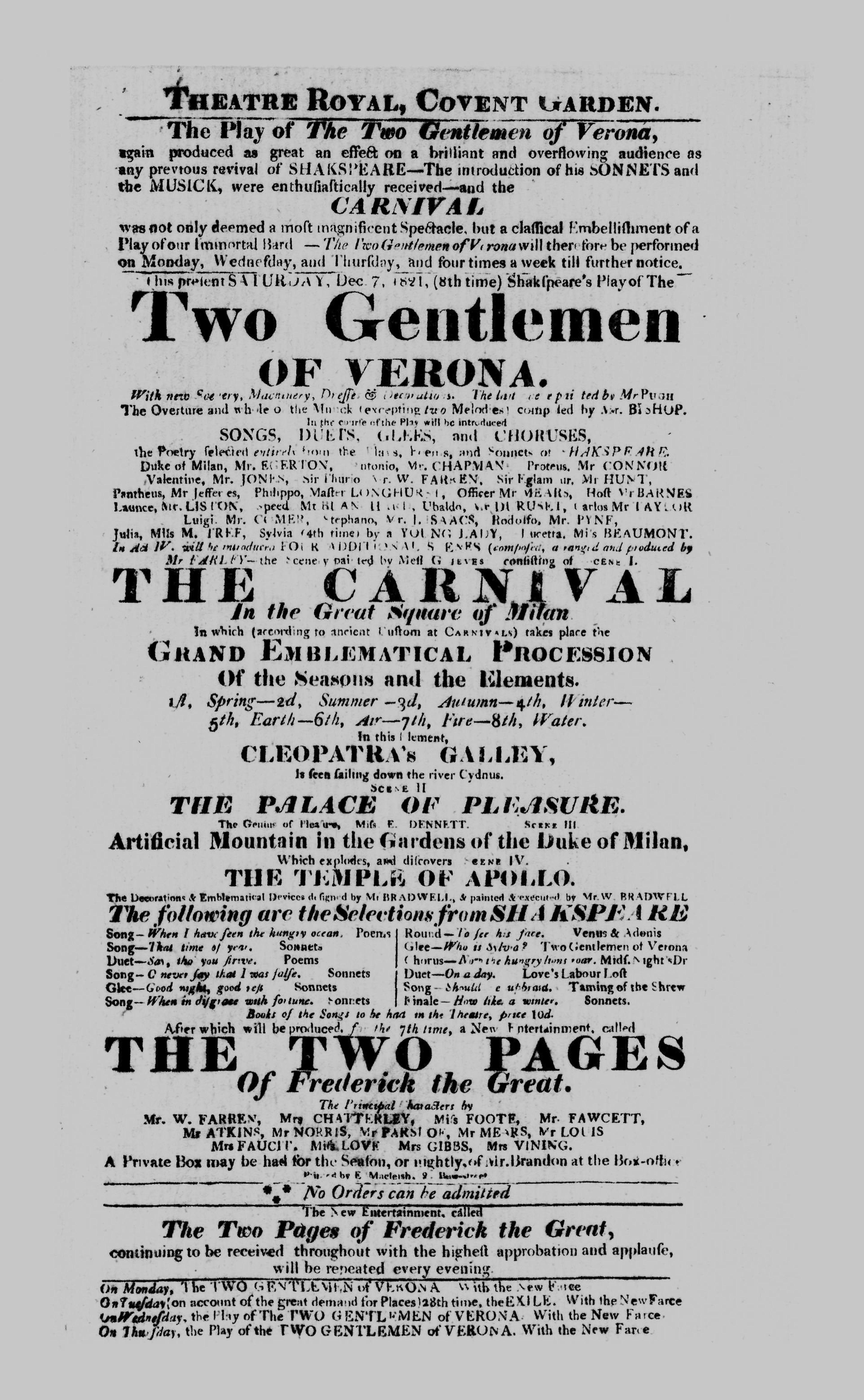 Covent Garden Theatre London Playbill: December 7, 1821 - Shakspeare's Play of The Two Gentlemen of Verona