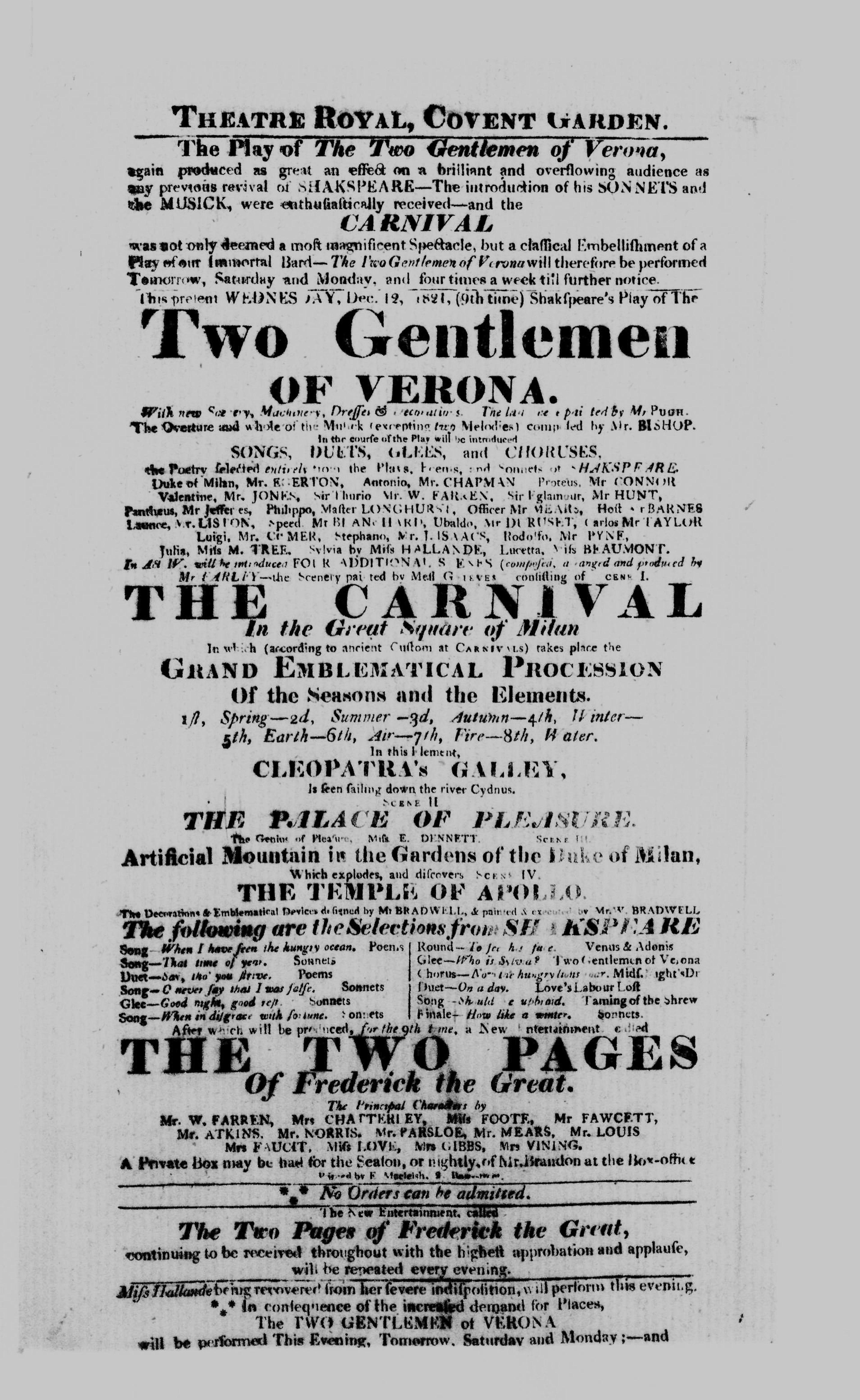 Covent Garden Theatre London Playbill: Dec. 12, 1821 - Shakspeare's Play of The TWO GENTLEMEN OF VERONA; The Two Pages of Frederick the Great