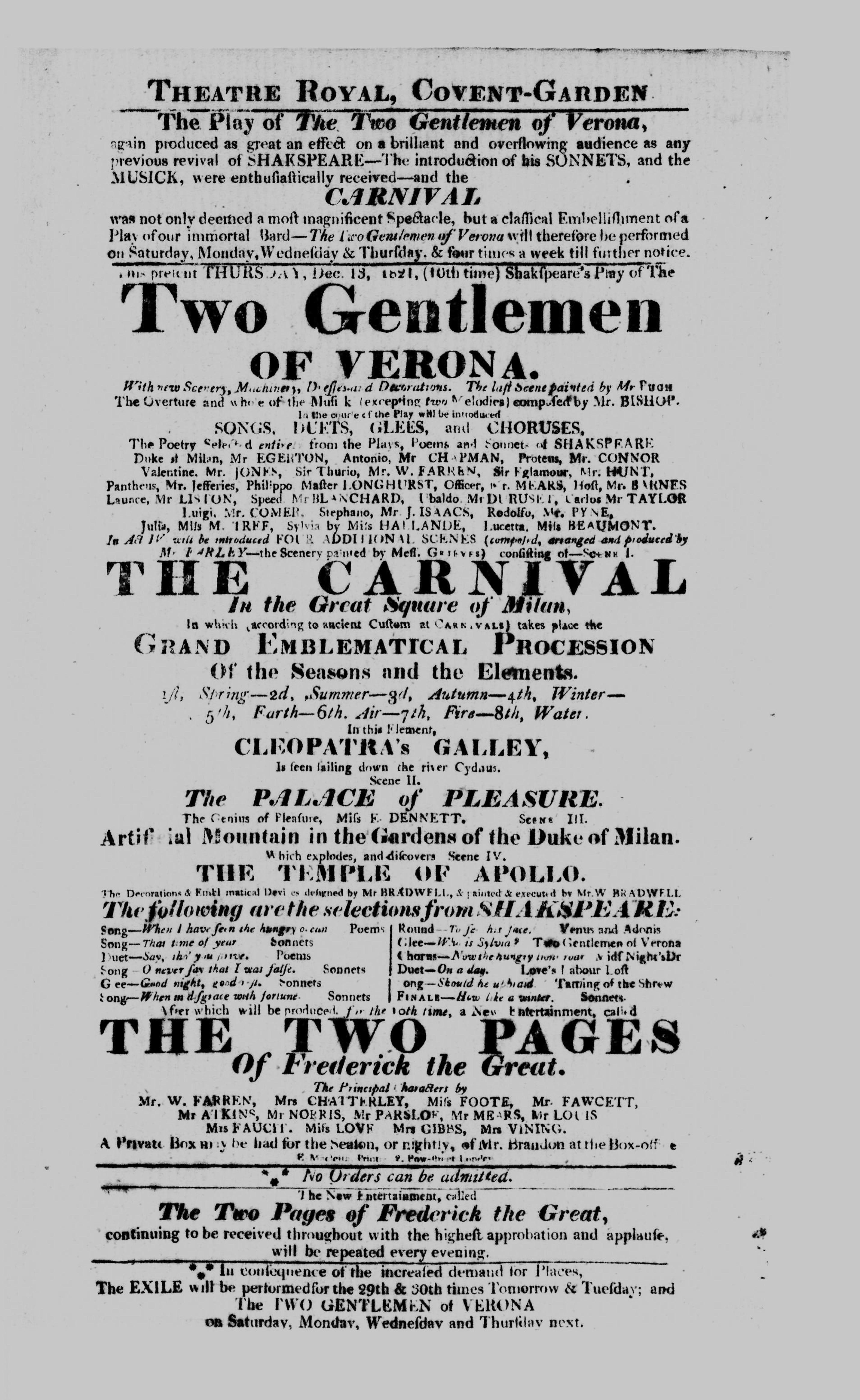 Covent Garden Theatre London Playbill: December 13, 1821 - Shakespeare’s Play of The Two Gentlemen of Verona