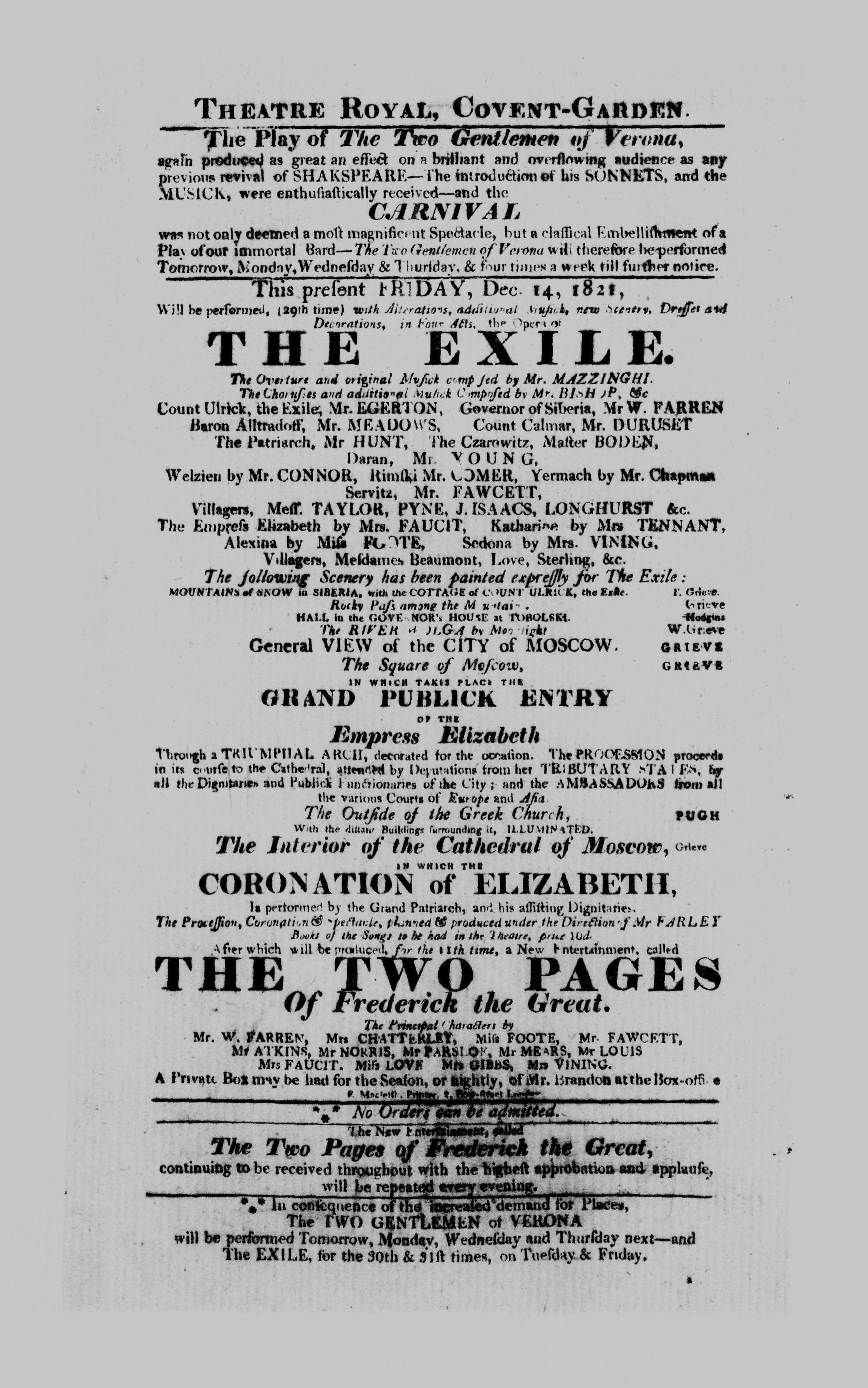 Covent Garden Theatre London Playbill: December 14, 1821 - The Exile
