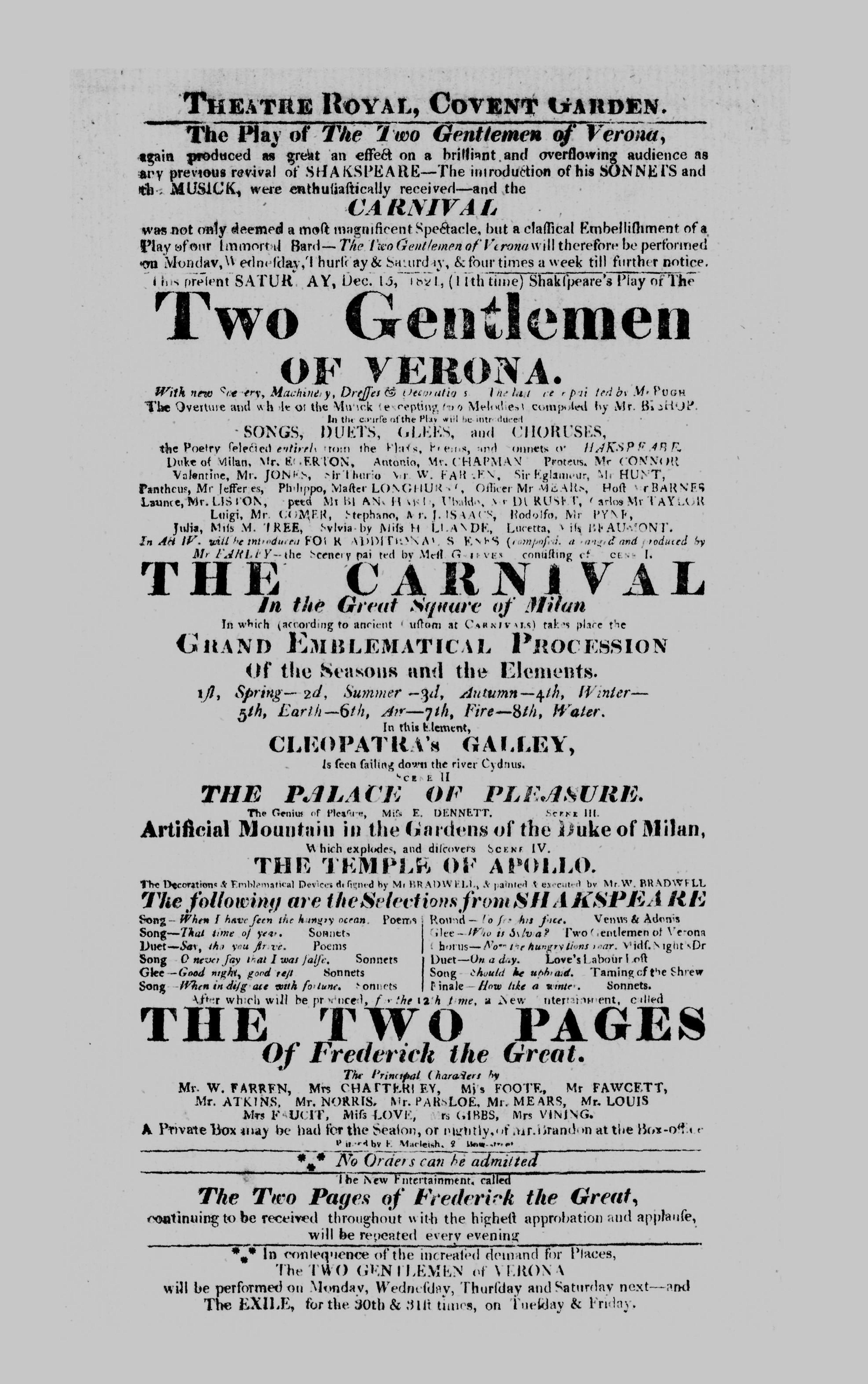 Covent Garden Theatre London Playbill: December 15, 1821 - Shakespeare's Play of The Two Gentlemen of Verona