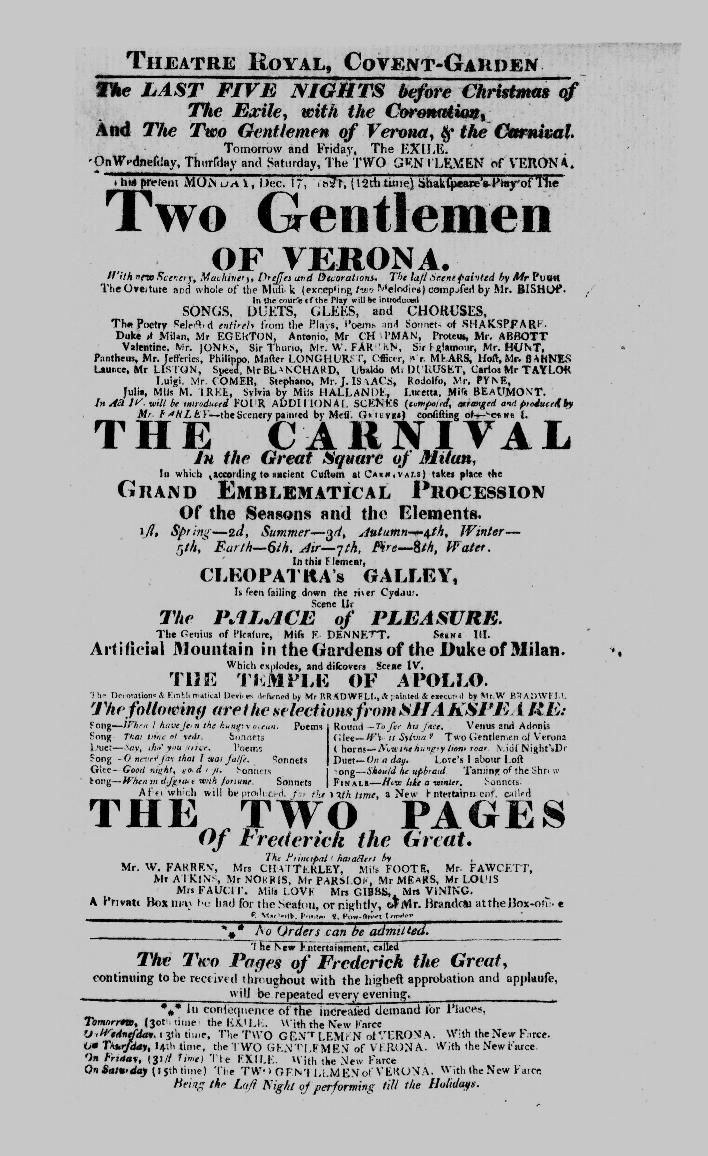 Covent Garden Theatre London Playbill: December 17, 1821 - Shakespeare's Play of The Two Gentlemen OF VERONA