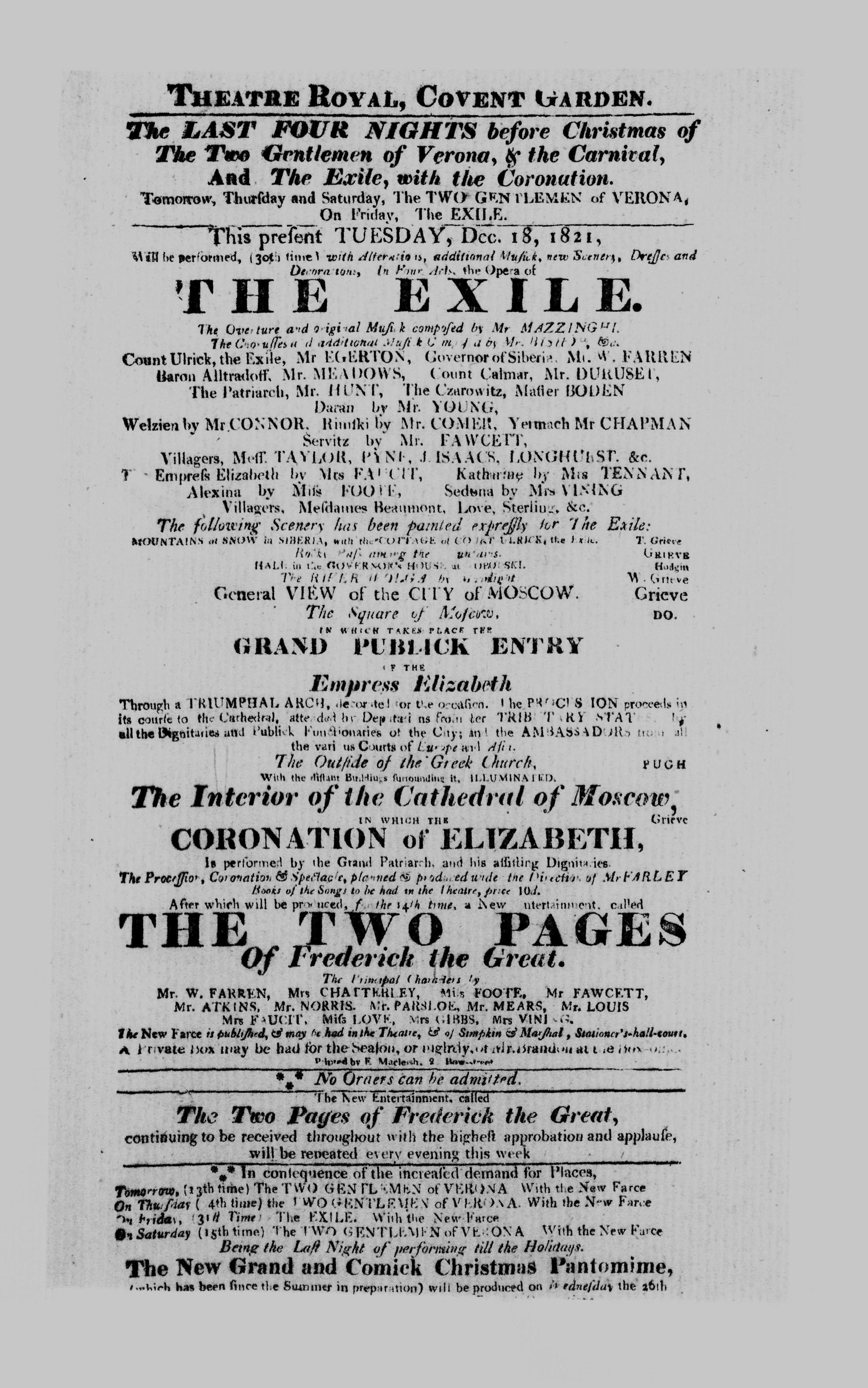 Covent Garden Theatre London Playbill: December 18th, 1821 - The Opera of THE EXILE performed with Alterations, additional Music, new Scenery, Dresses & Decorations