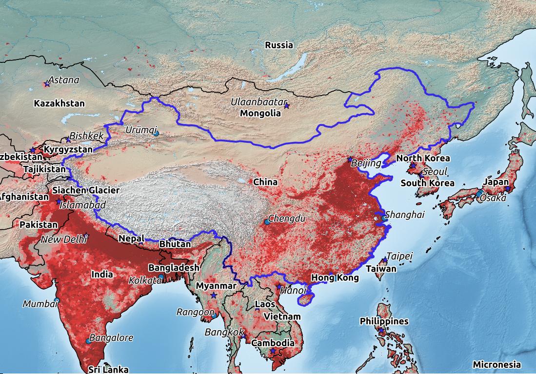 Map of China with world location, topography, capital city, and nearby major cities.