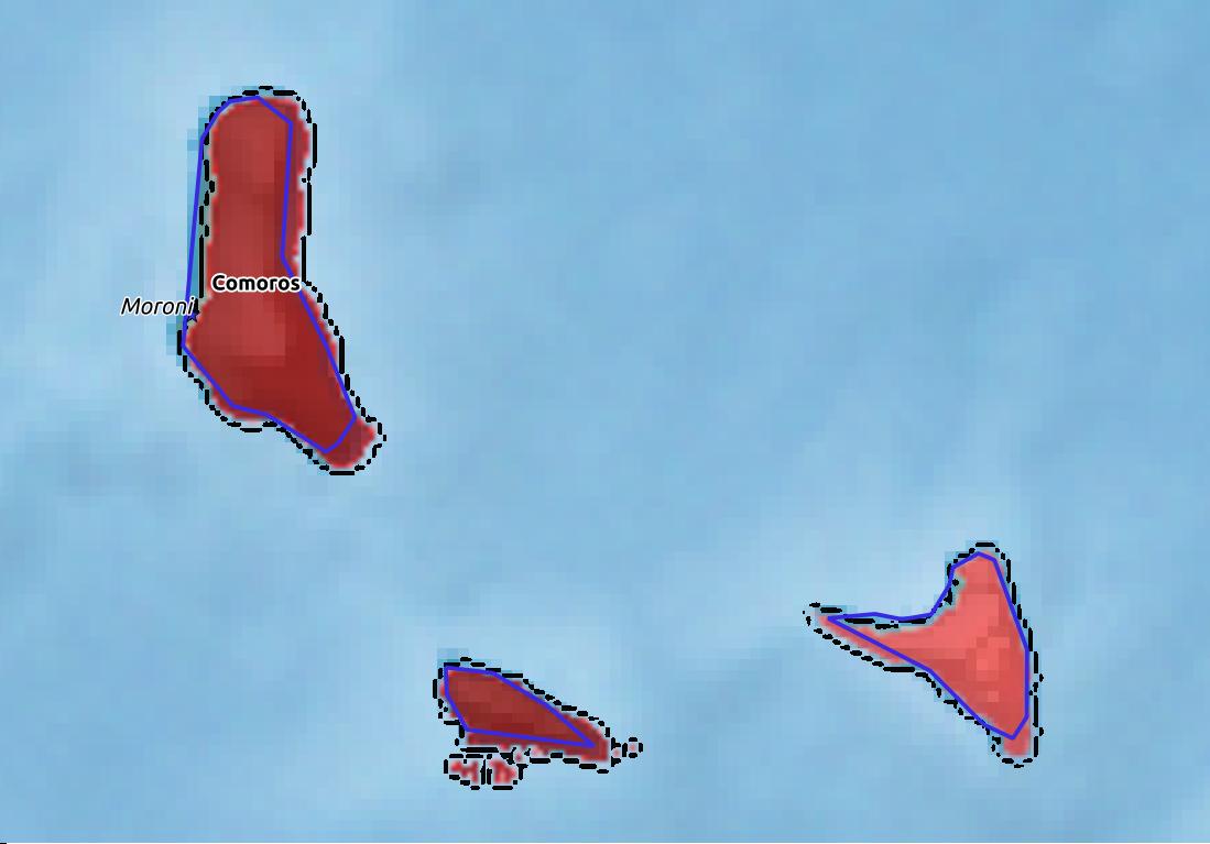 Map of Comoros with world location, topography, capital city, and nearby major cities.