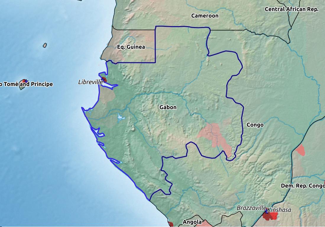 Map of Gabon with world location, topography, capital city, and nearby major cities.