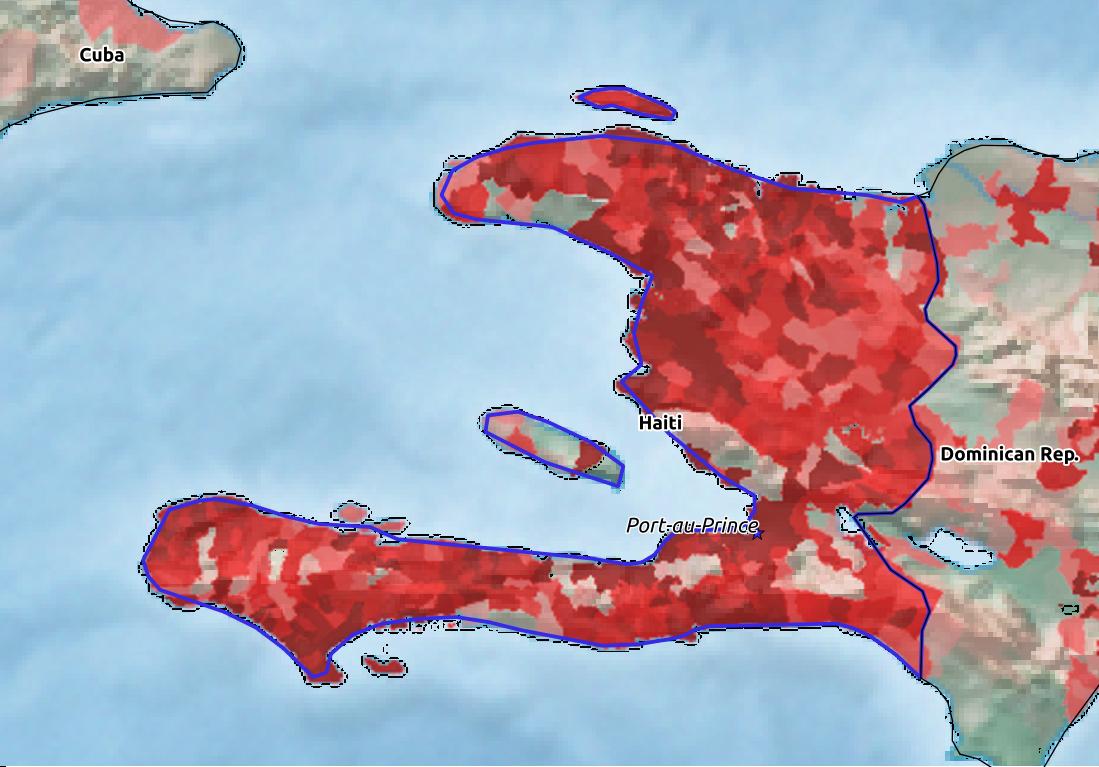 Map of Haiti with world location, topography, capital city, and nearby major cities.