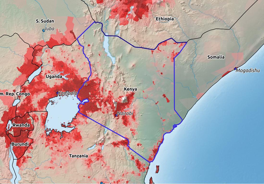Map of Kenya with world location, topography, capital city, and nearby major cities.