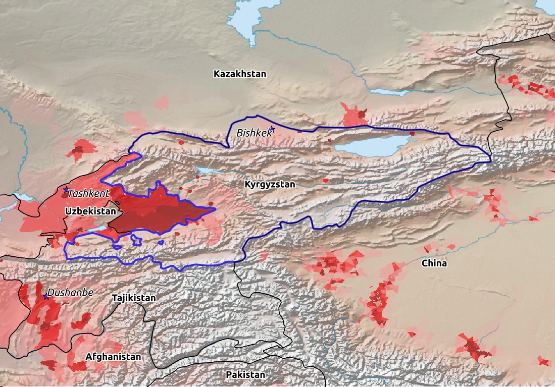 Map of Kyrgyzstan with world location, topography, capital city, and nearby major cities.