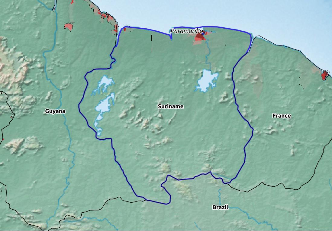 Map of Suriname with world location, topography, capital city, and nearby major cities.