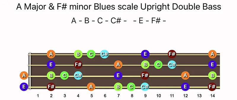 A Major & F♯ minor Blues scale notes on a Upright Double Bass fingerboard