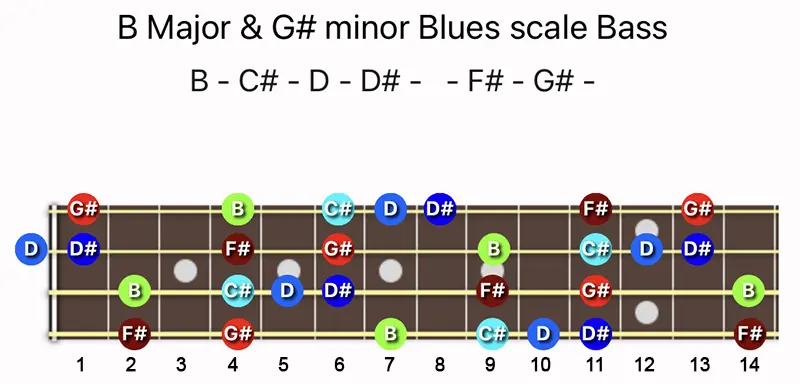 B Major & G♯ minor Blues scale notes on a Bass fretboard