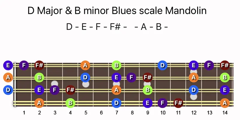 D Major & B minor Blues scale notes on a Mandolin fretboard