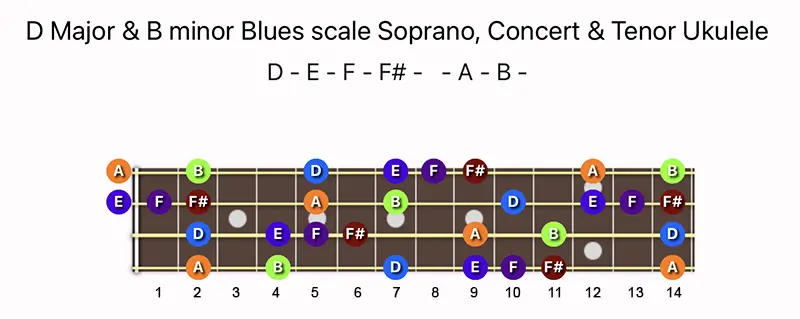 D Major & B minor Blues scale notes on a Soprano, Concert & Tenor Ukulele