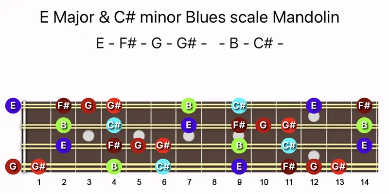 E Major & C♯ minor Blues scale notes on a Mandolin fretboard