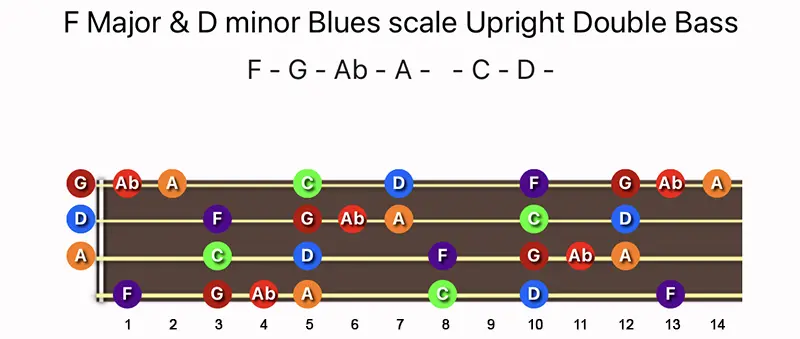 F Major & D minor Blues scale notes on a Upright Double Bass fingerboard