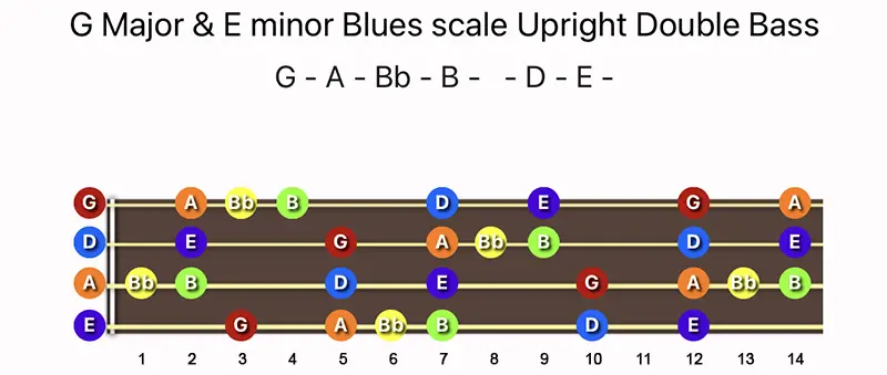 G Major & E minor Blues scale notes on a Upright Double Bass fingerboard