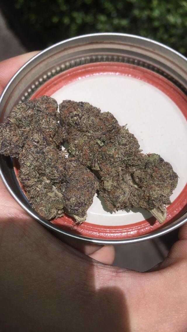 Purple Pie Ripper cannabis strain with purple buds and frosty trichomes displaying THC level and indica-dominant hybrid type