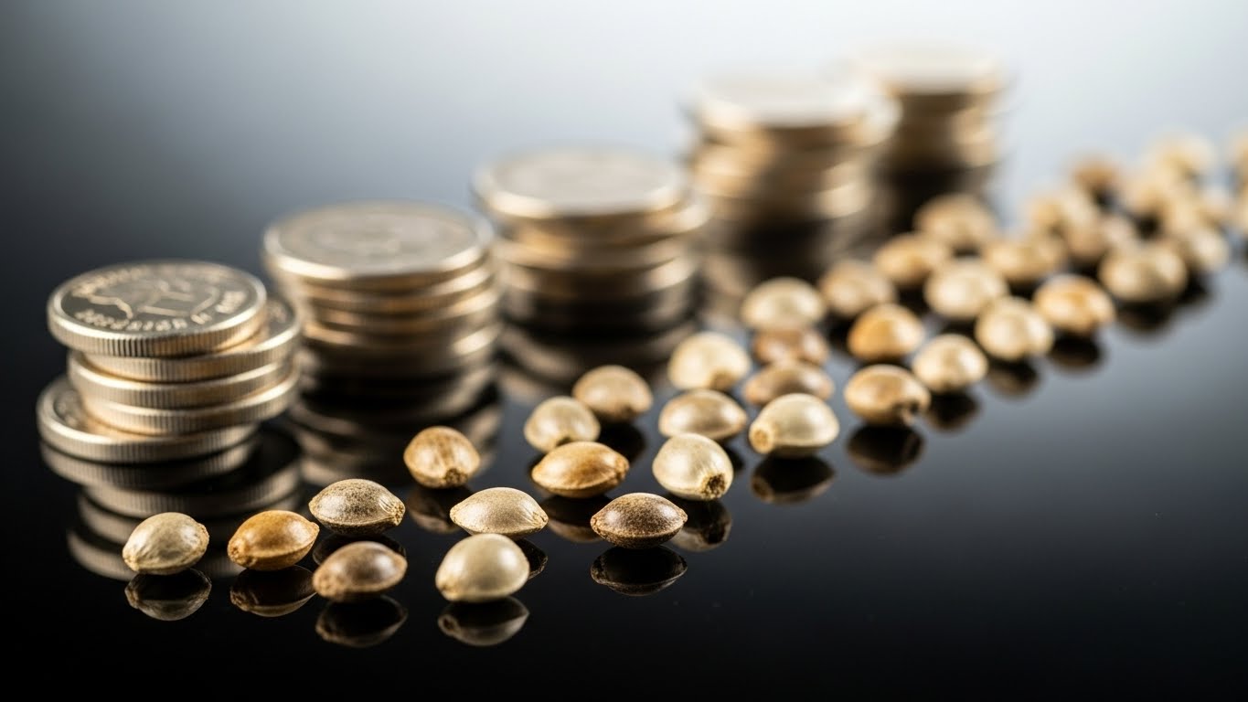 Cannabis seeds and a digital bitcoin interface overlay