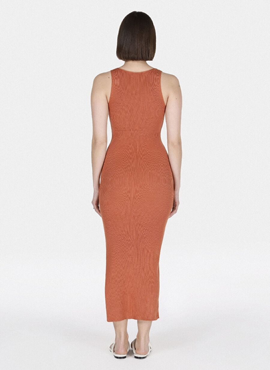 Slim Fit Düz Kadın Kahverengi Kolsuz Elbise