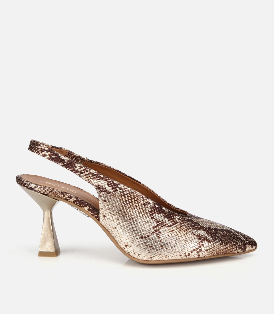 Kadın Deri Gold Arkası Açık Kısa Topuklu Stiletto