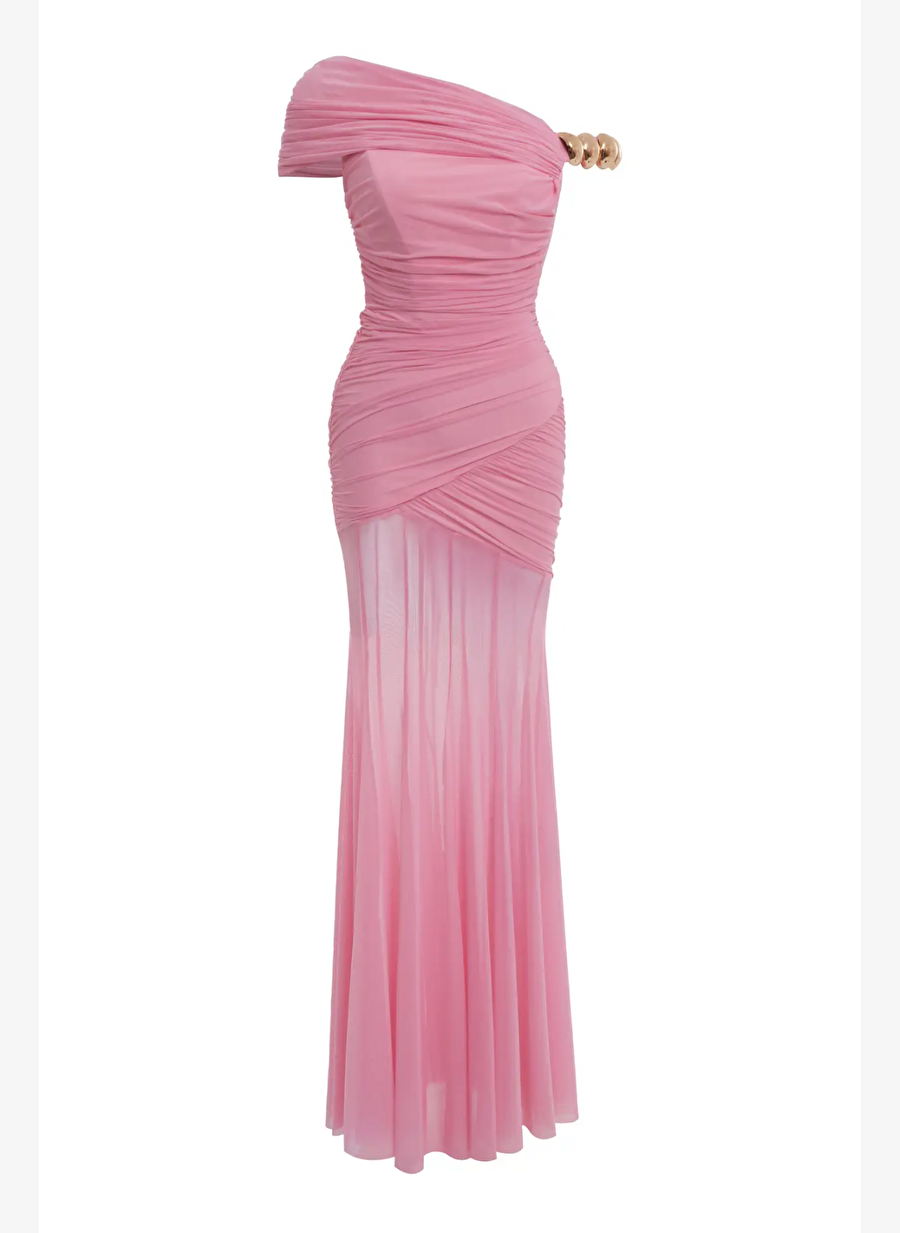 Pembe Tül Kolsuz Uzun Elbise