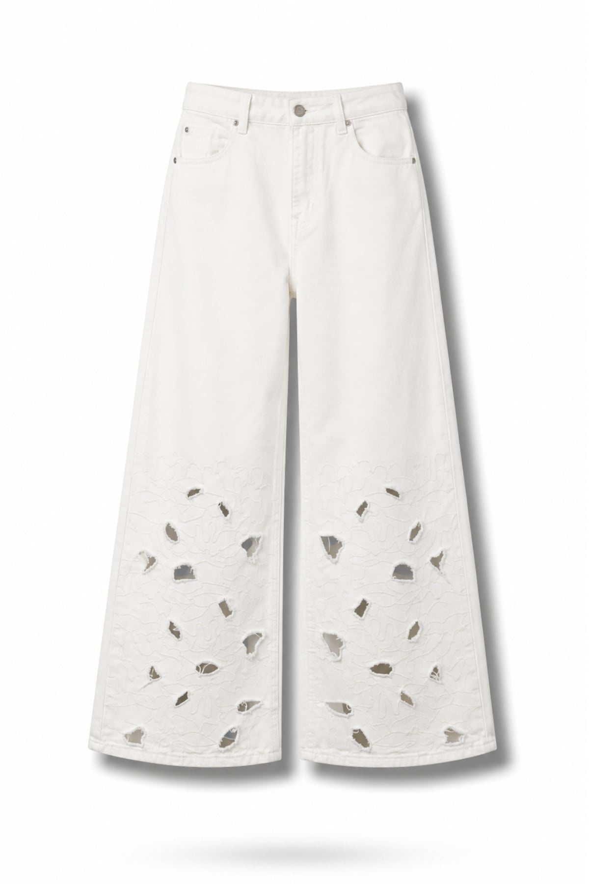 Ekru Çiçek İşlemeli Wide Leg Jean