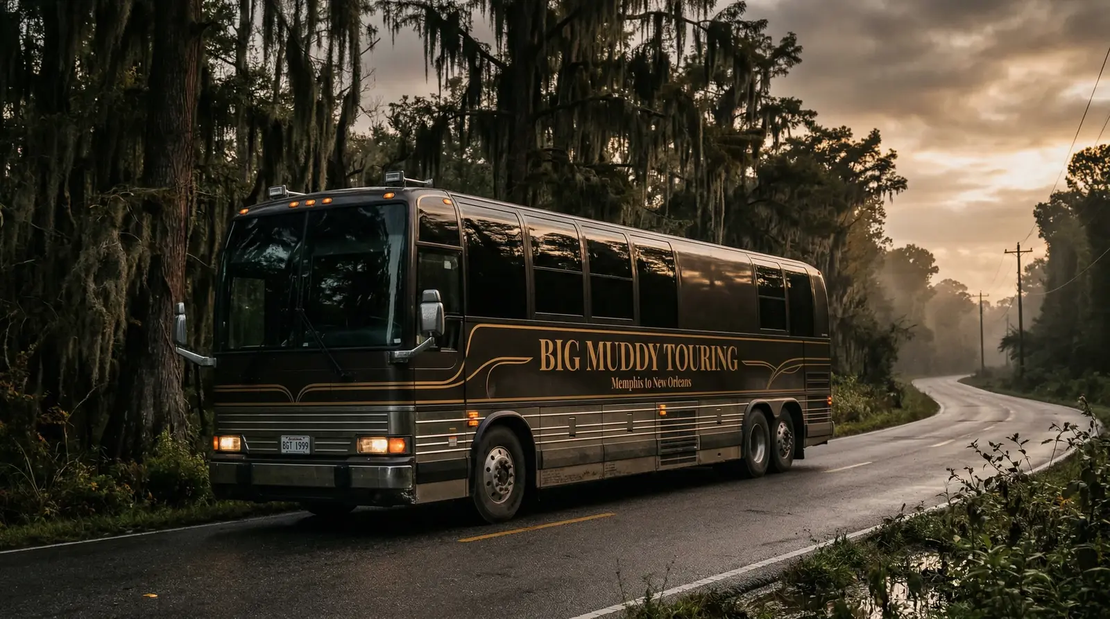 Big Muddy Prevost tour bus on a Southern road