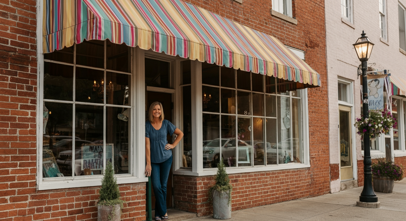 Small business owner in front of her Main Street storefront