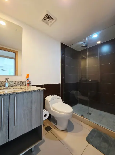 Modern bathroom with granite vanity and glass walk-in shower