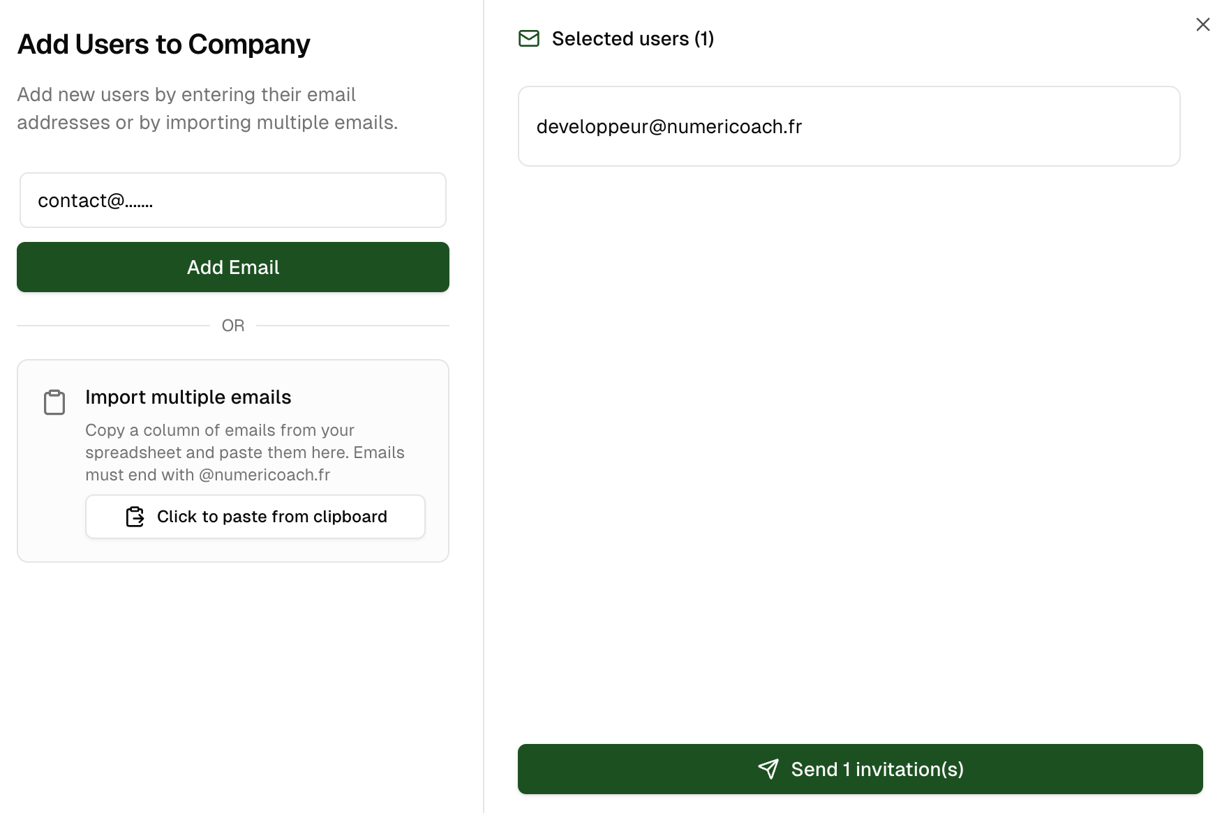User invitation modal