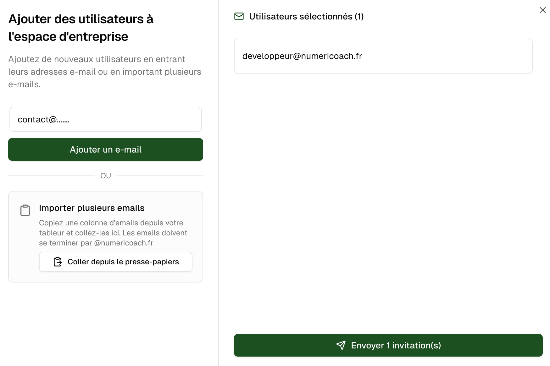 Modale d'invitation d'utilisateurs