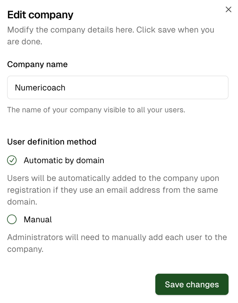 Company settings modification modal