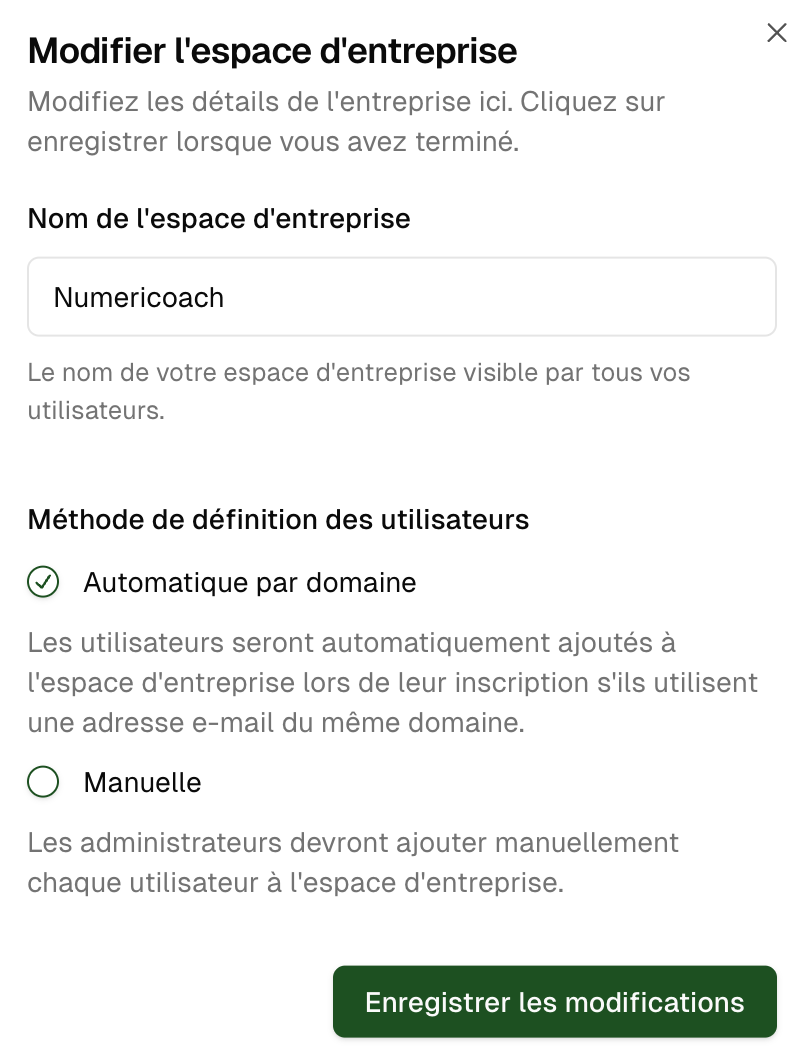 Modal de modification des paramètres de l'entreprise