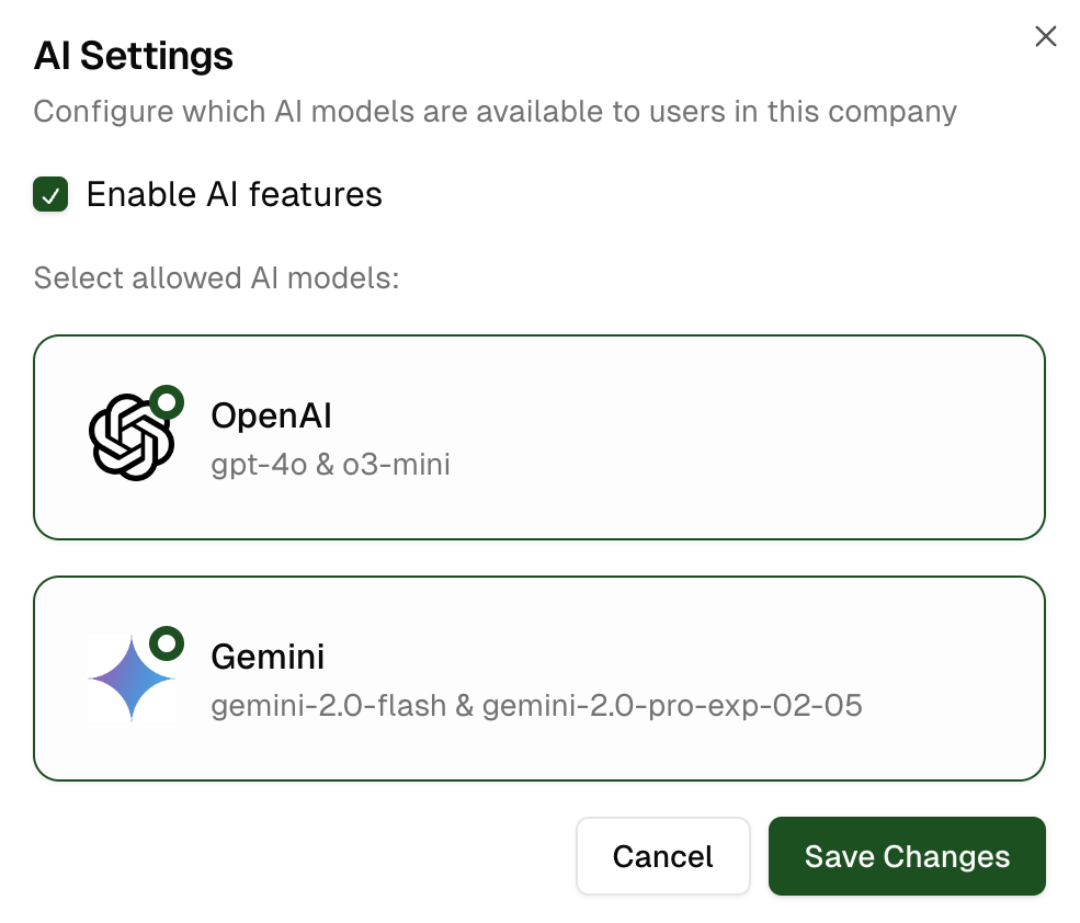AI configuration modal