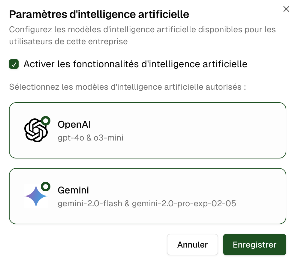 Fenêtre de configuration de l'IA