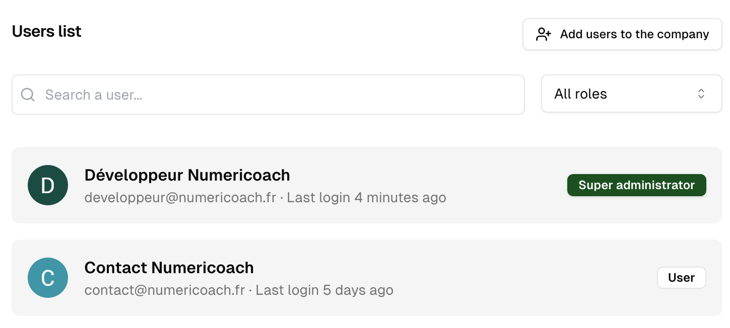 User list on the company page