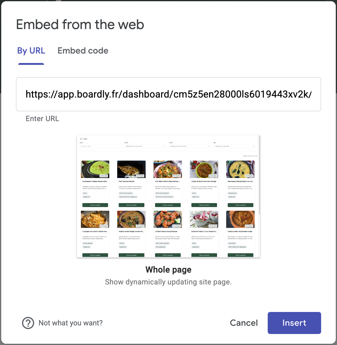 Google Sites embed dialog